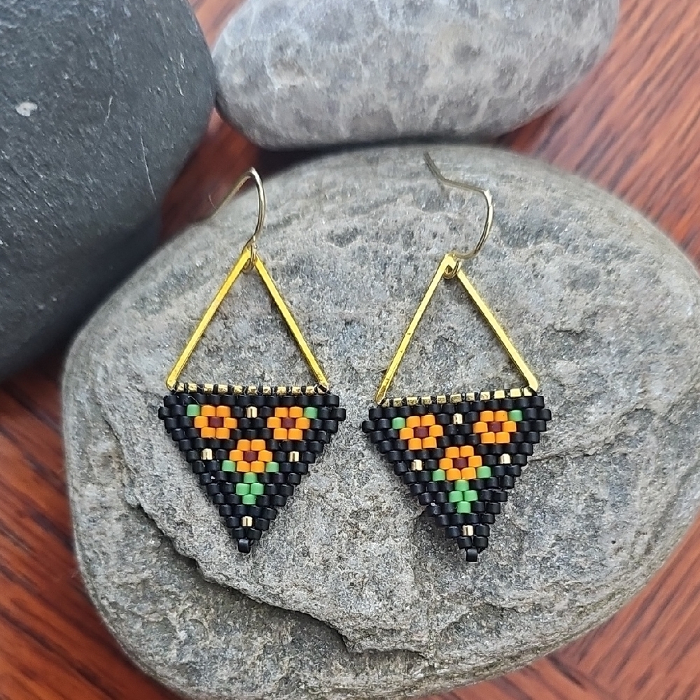 Geometric Black and Gold Beaded Earrings